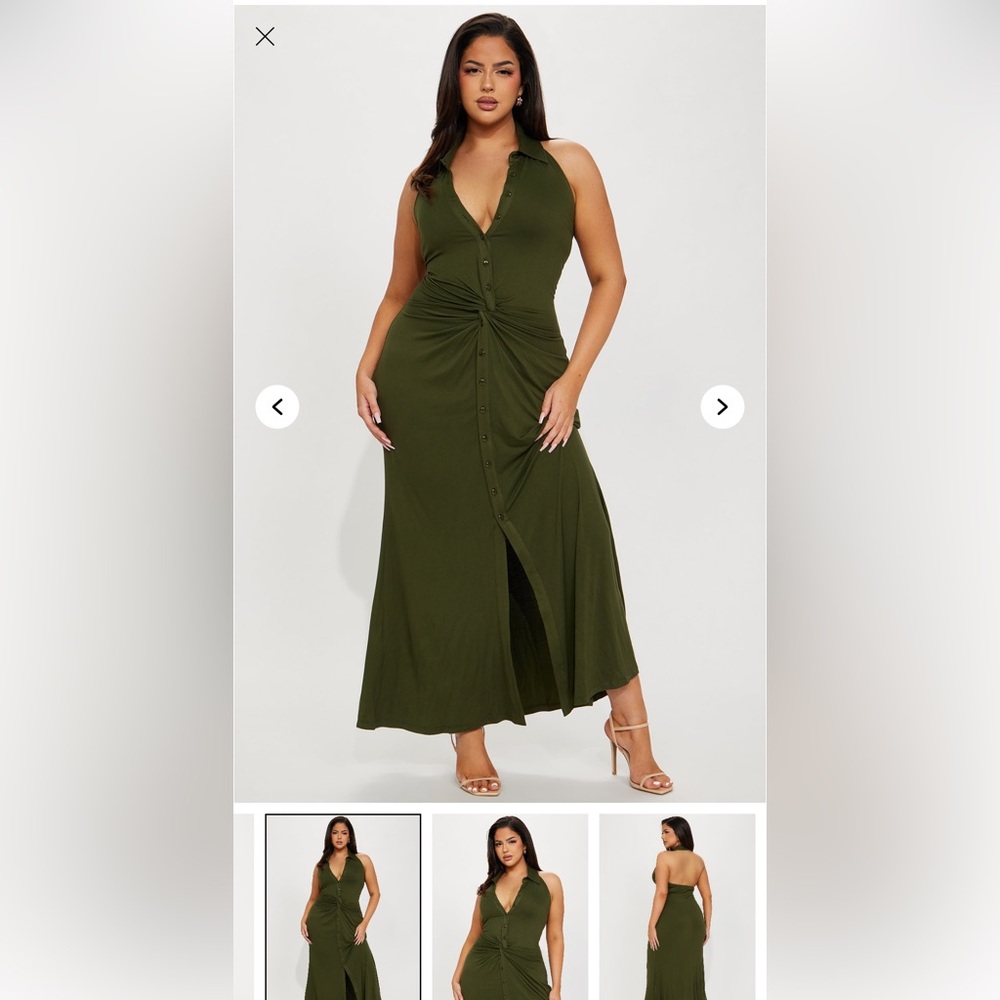 Fashion Nova Green Maxi A-Line Skirt with Ruched Slit
